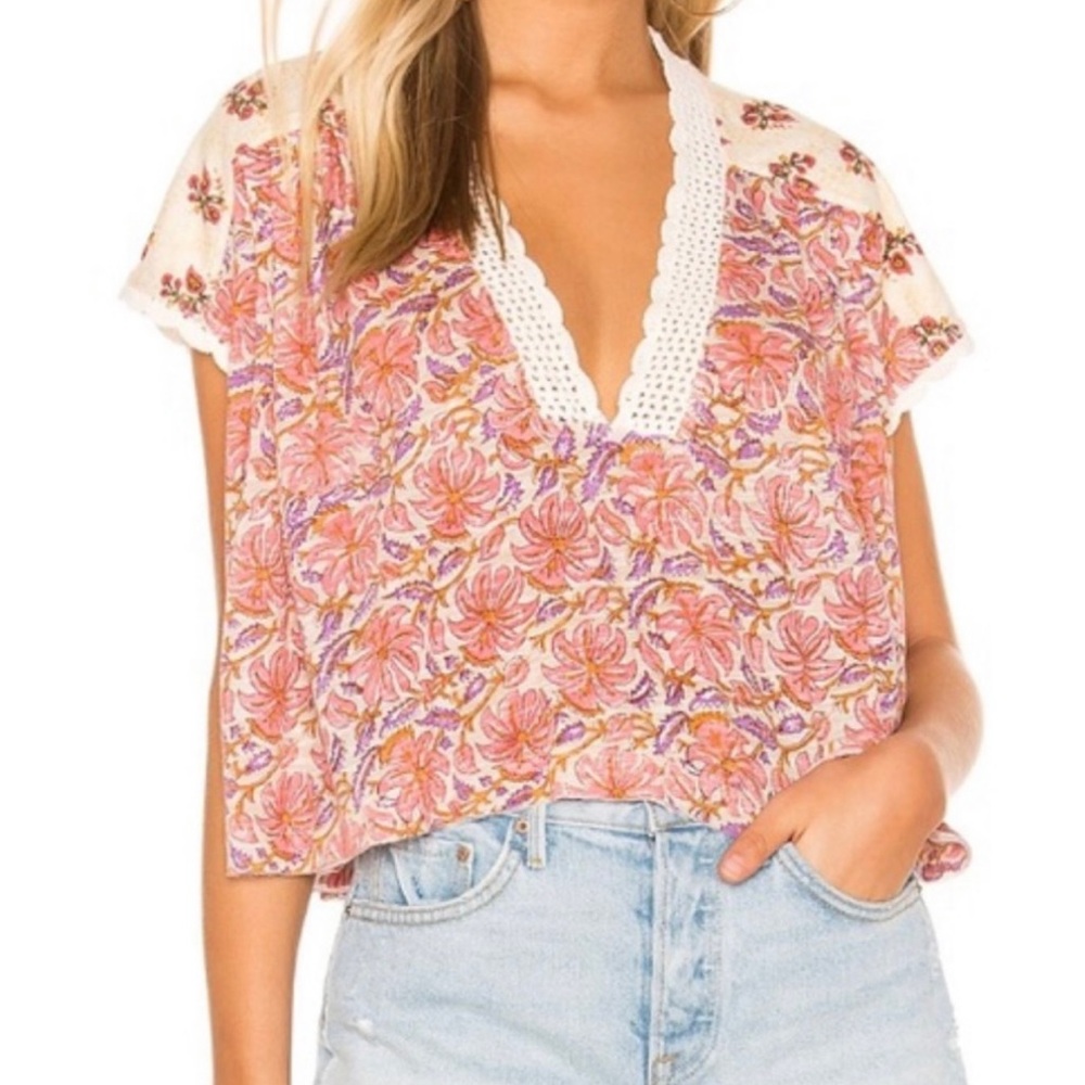 Women’s Large Free People Floral Leilani Tea Crop Top w/ Ivory Crochet